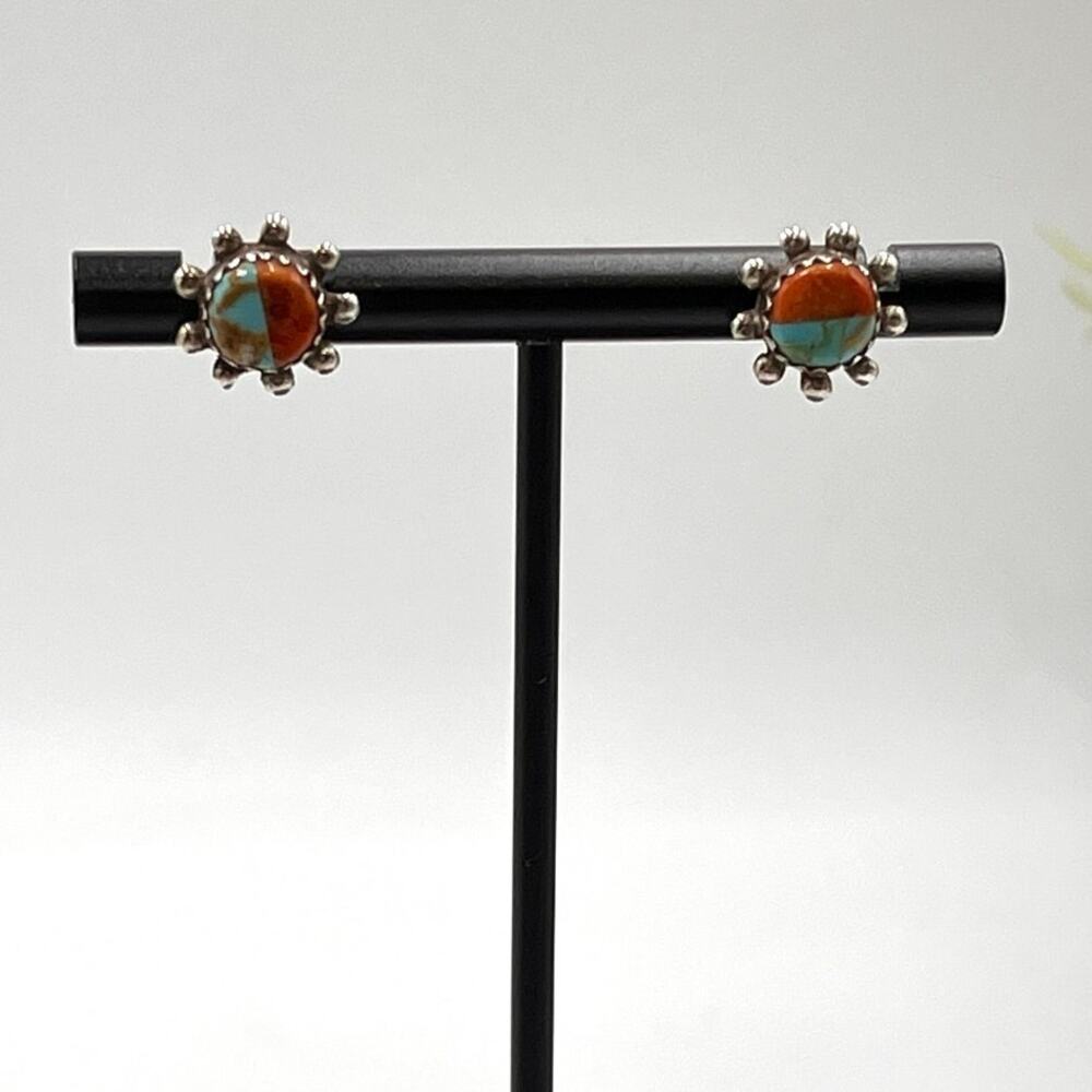 Sterling Silver Signed Designer Turquoise and Coral Small Stud Pierced Earrings